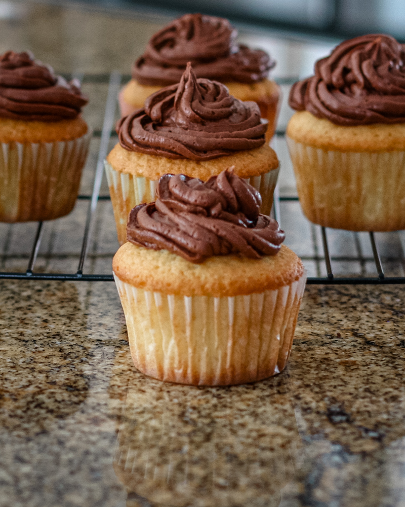 Moist vanilla cupcakes on a rack with chocolate frosting
