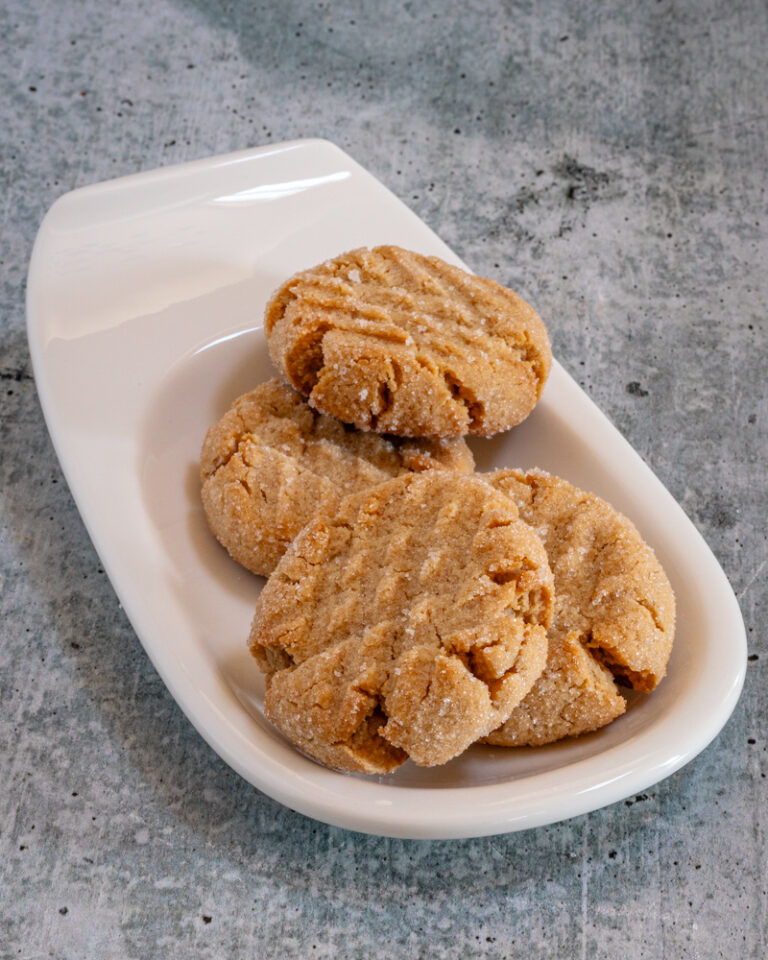 A dish of bisquick peanut butter cookies.