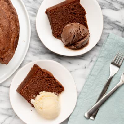Servings of chocolate pound cake with ice cream.