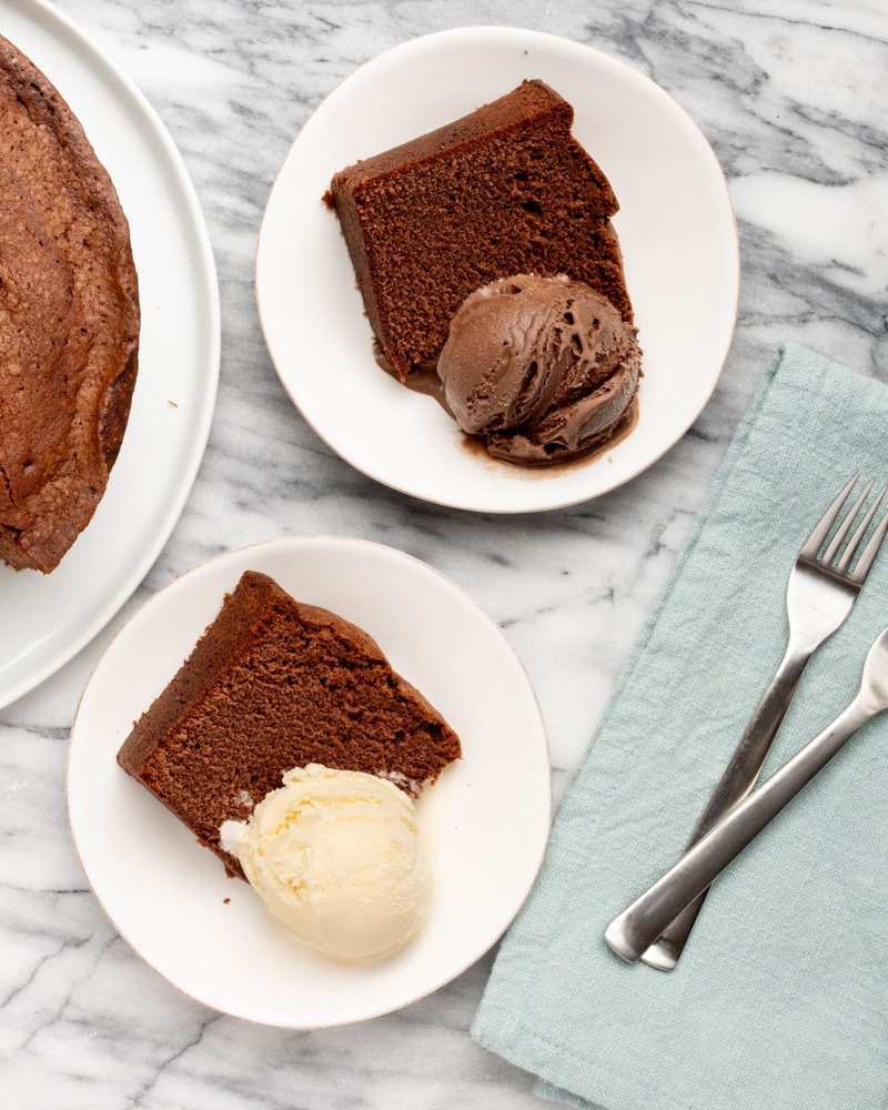 Servings of chocolate pound cake with ice cream.