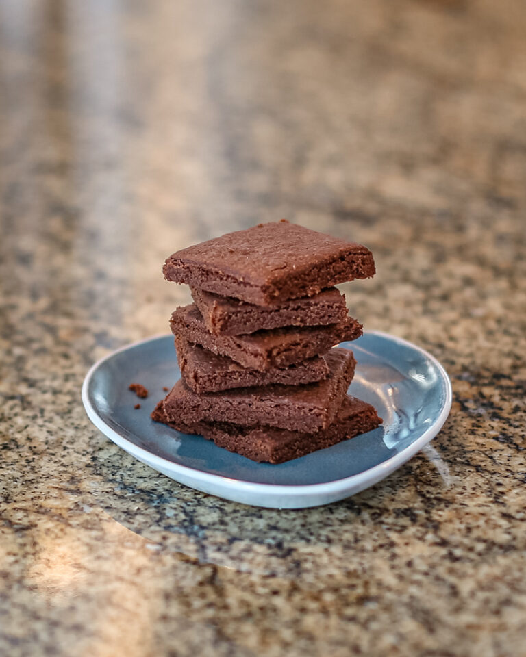 Chocolate shortbread stacked on a small plate