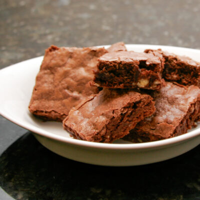 One bowl brownies in a small dish,