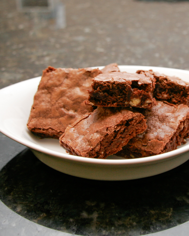 One bowl brownies in a small dish,