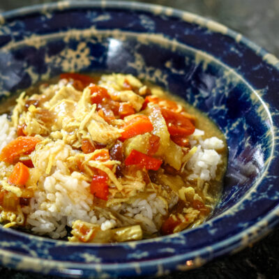 A bowl of country captain chicken.