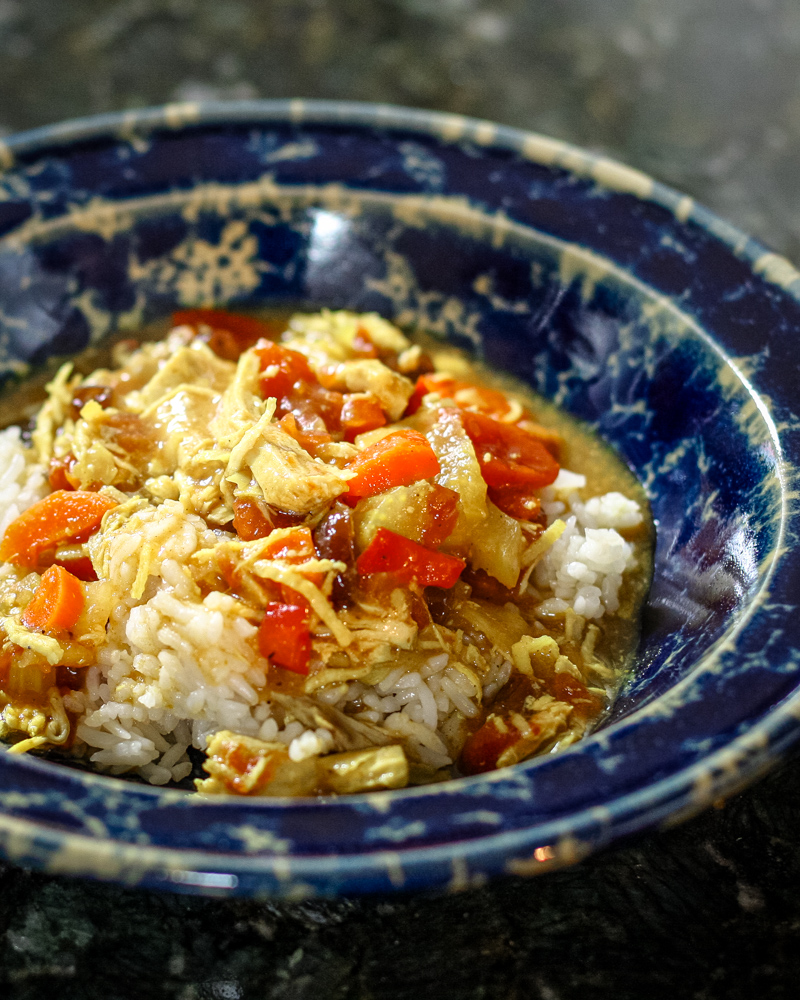 A bowl of country captain chicken.
