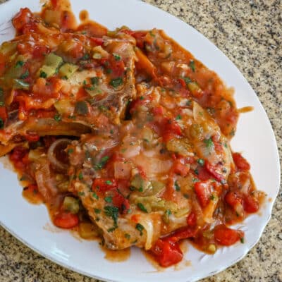 Creole Pork Chops on a platter.