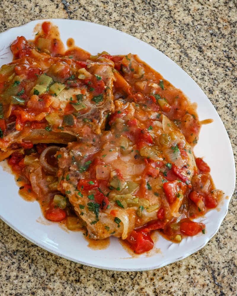 Creole Pork Chops on a platter.