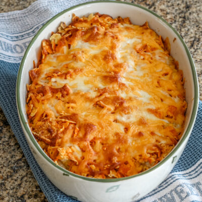 A Dorito casserole in the baking dish.