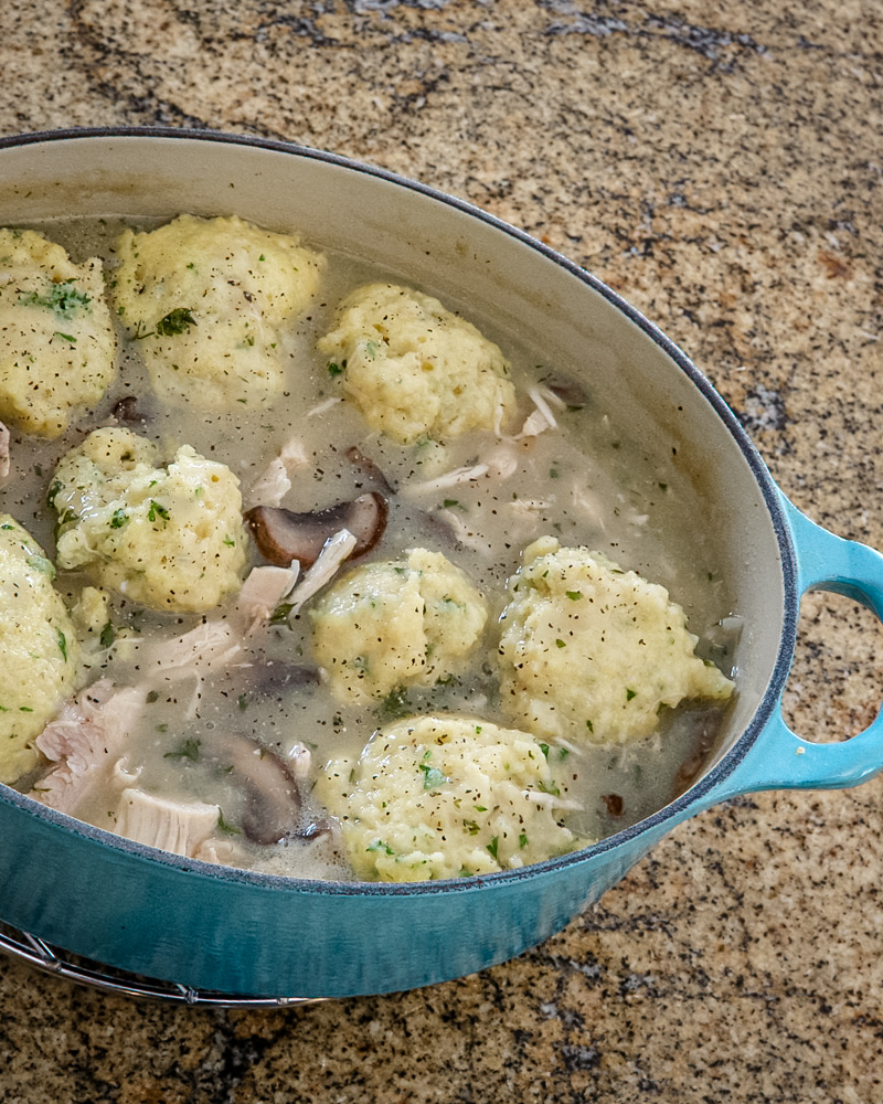 Drop dumplings in chicken stew.