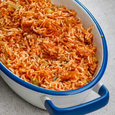 A serving dish with Spanish rice.
