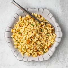 A plate of homemade spaetzle sautéed with butter.