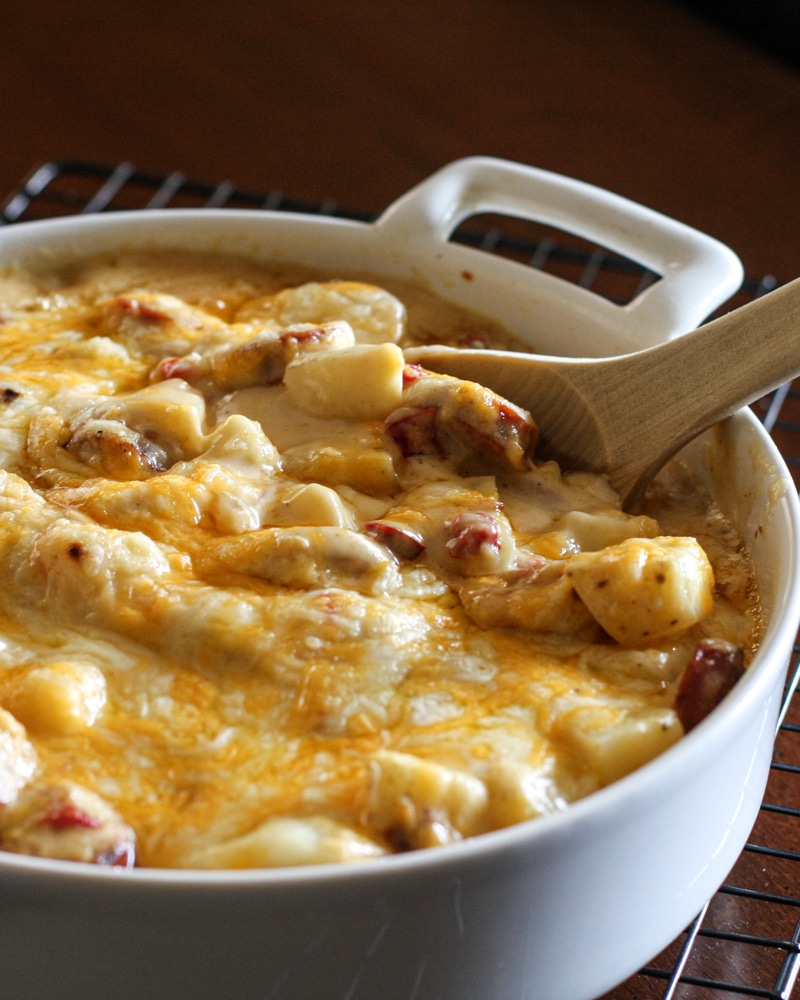 A baking dish with cheesy hot dot and potato casserole.