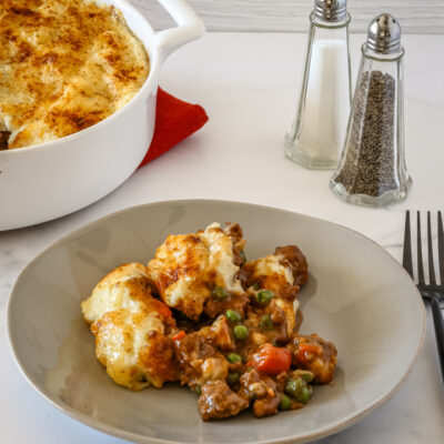 Beef and mashed potato casserole made with leftover roast beef and mashed potatoes