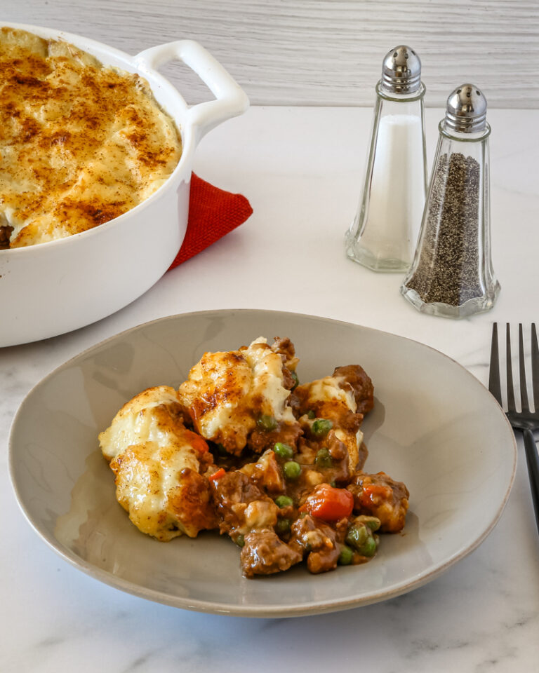 Beef and mashed potato casserole made with leftover roast beef and mashed potatoes