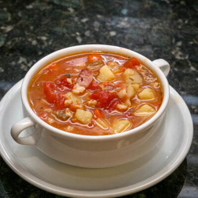 Manhattan clam chowder in a bowl.