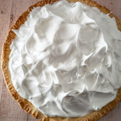 A pie topped with fluffy meringue.