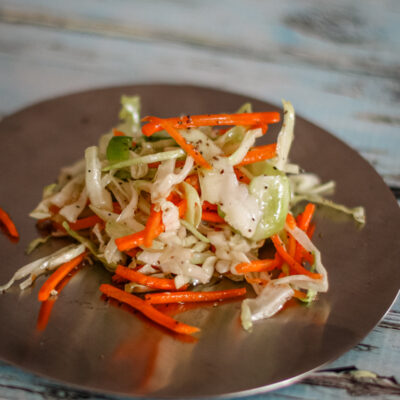 A serving of north carolina coleslaw on a small plate.
