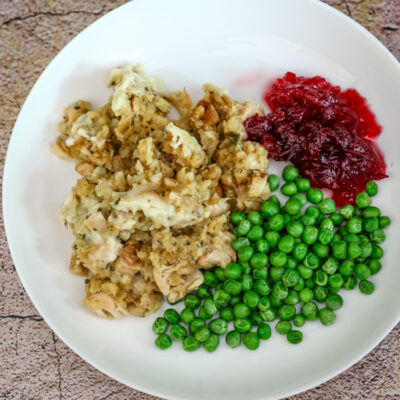 Chicken and dressing portion on a plate with cranberry sauce and a small salad.