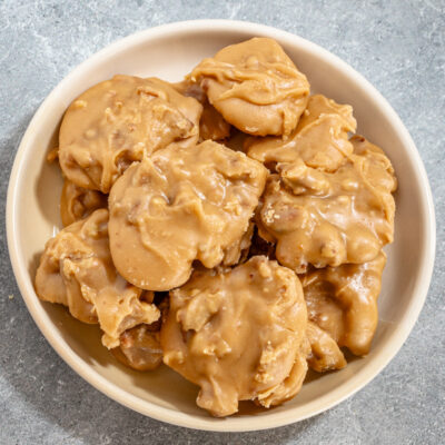 Pecan pralines candy on a plate.