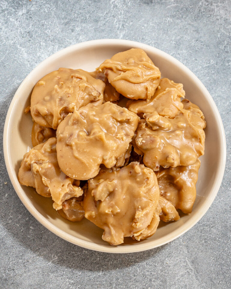 Pecan pralines candy on a plate.