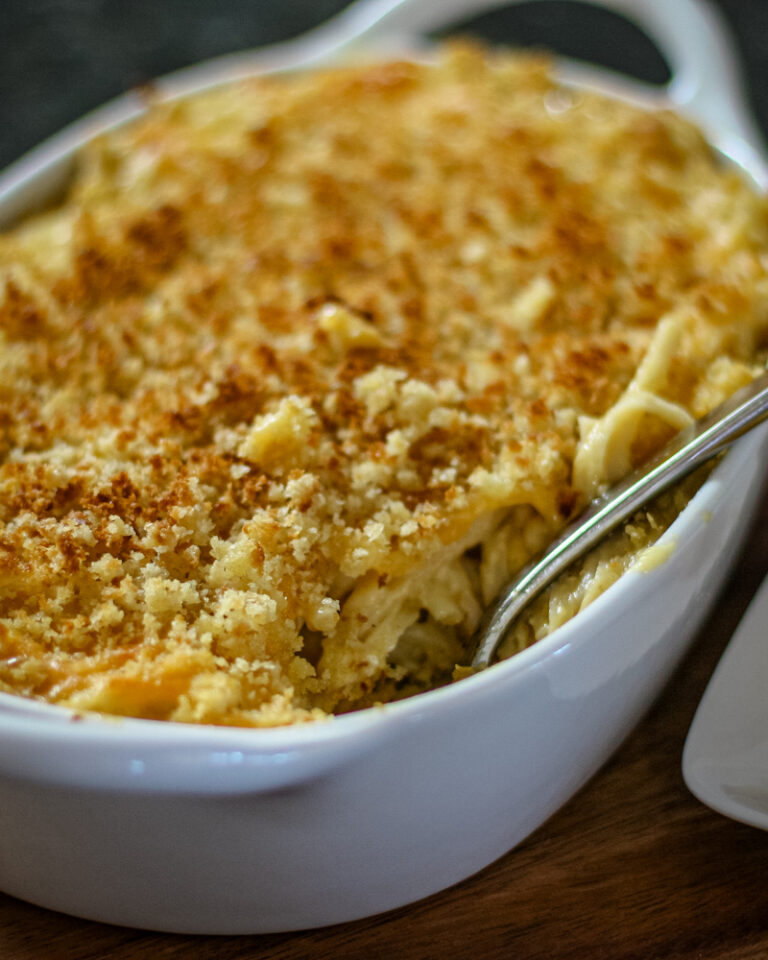 A pasta and cheese casserole in a baking dish