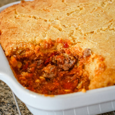 Baking dish with tamale pie.