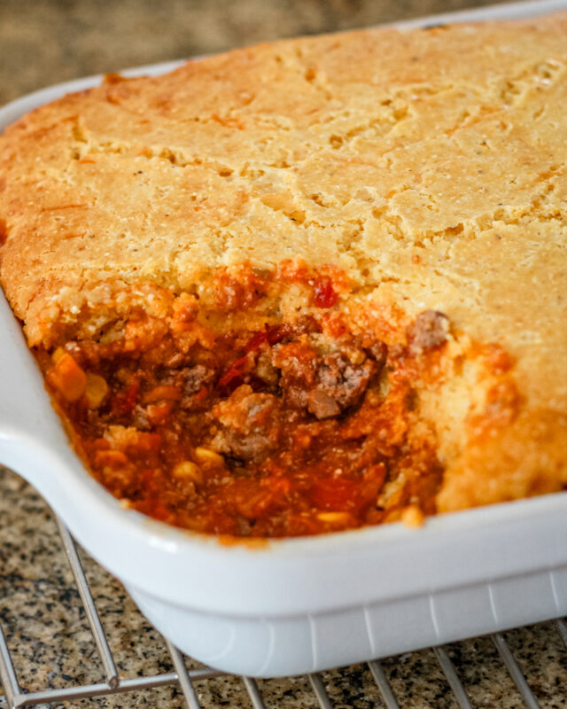 Baking dish with tamale pie.