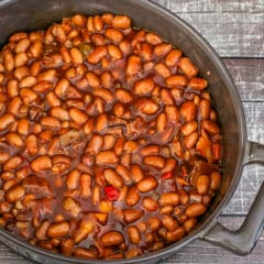 A pot of barbecued baked beans.