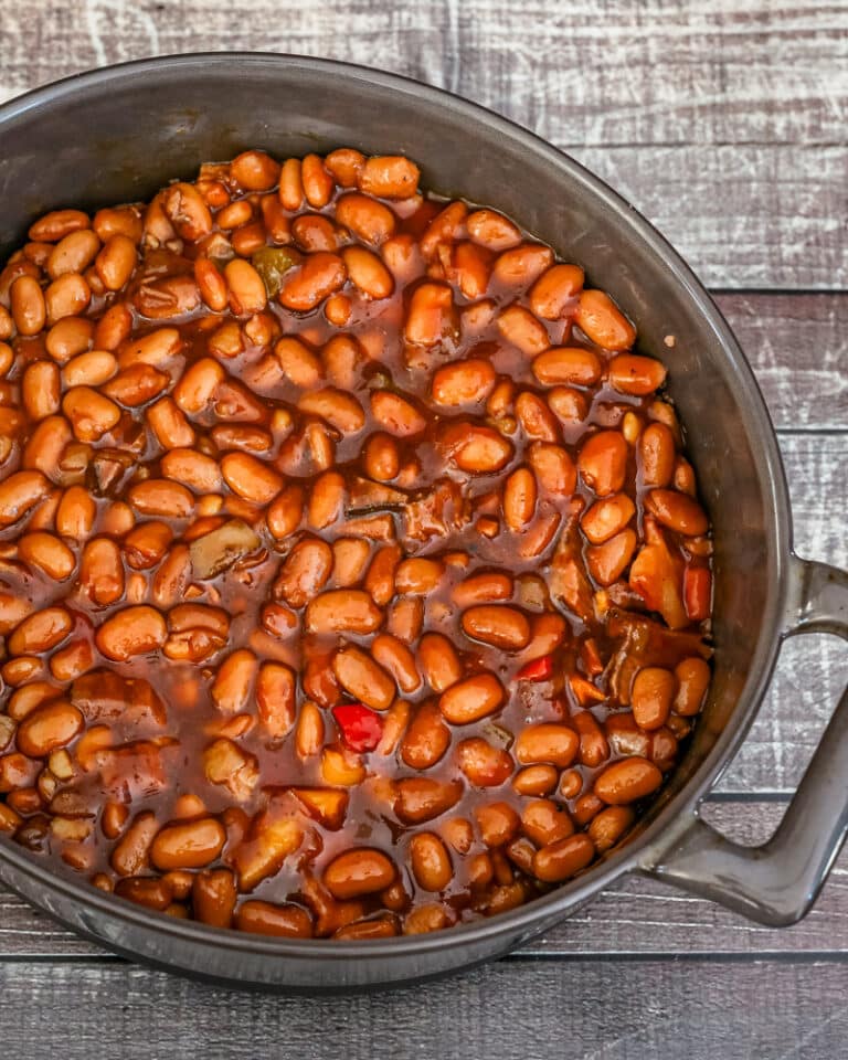 A pot of barbecued baked beans.