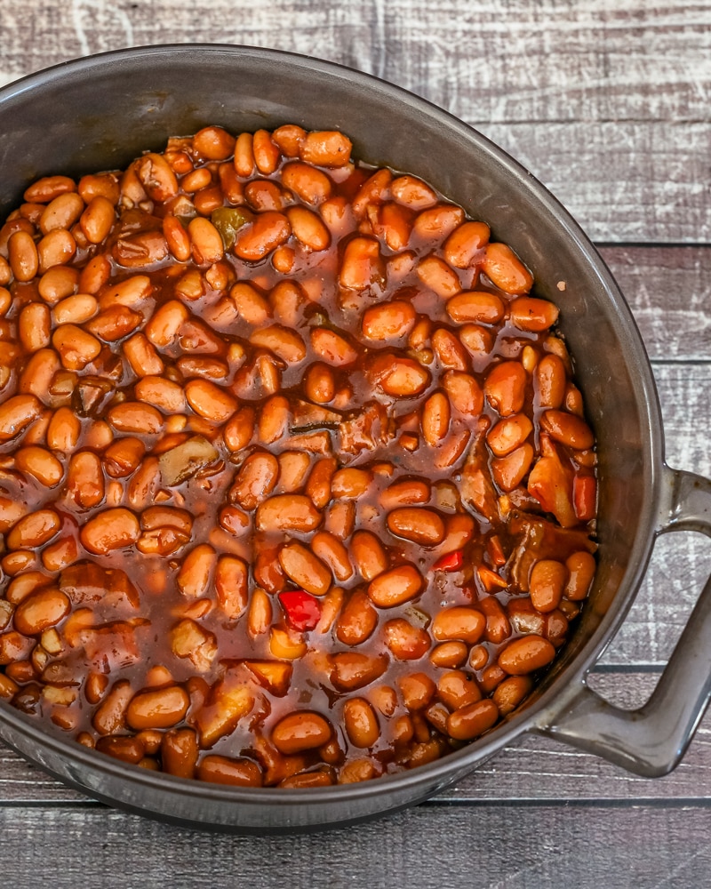 A pot of barbecued baked beans.