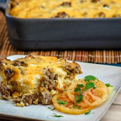 Breakfast egg and chorizo casserole on a plate.