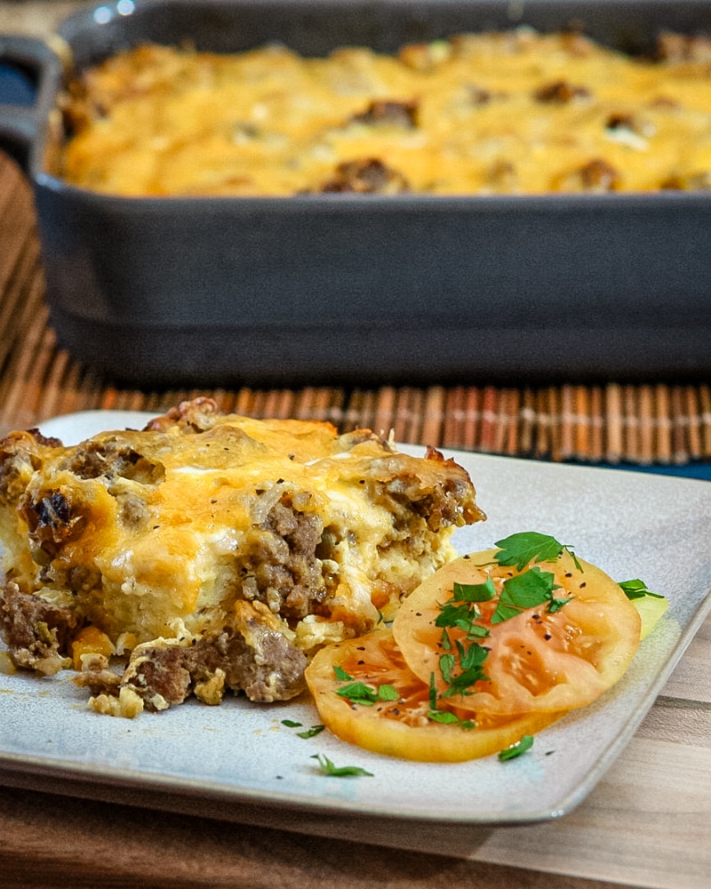 Breakfast egg and chorizo casserole on a plate.