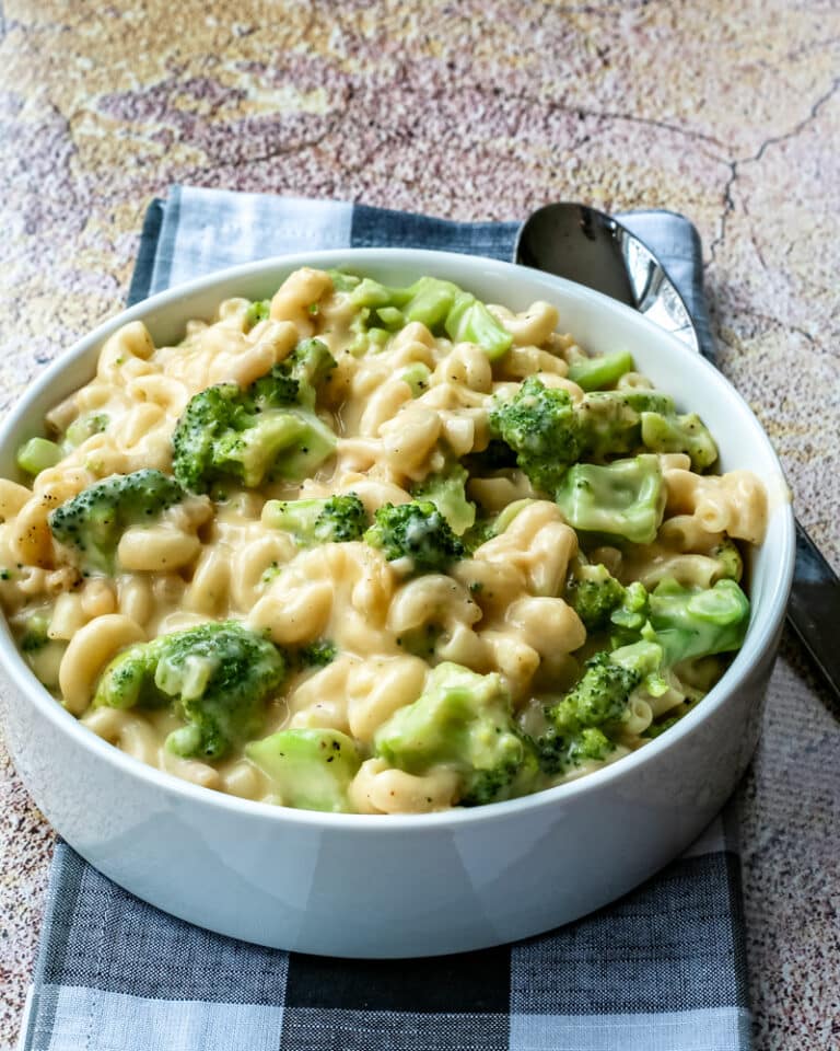 A bowl of broccoli mac and cheese.