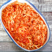 Classic Bolognese sauce with ground beef and spaghetti.