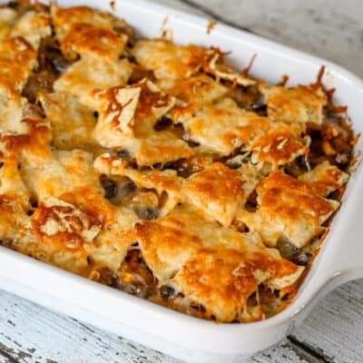 A nacho casserole, in a baking dish.