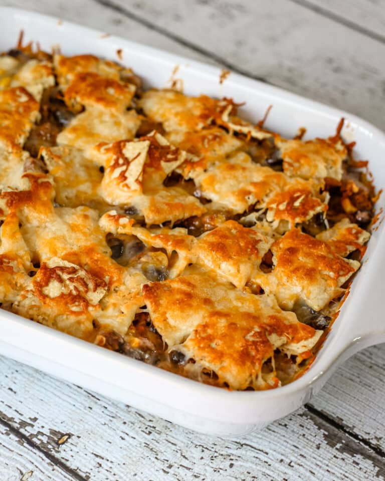 A nacho casserole, in a baking dish.