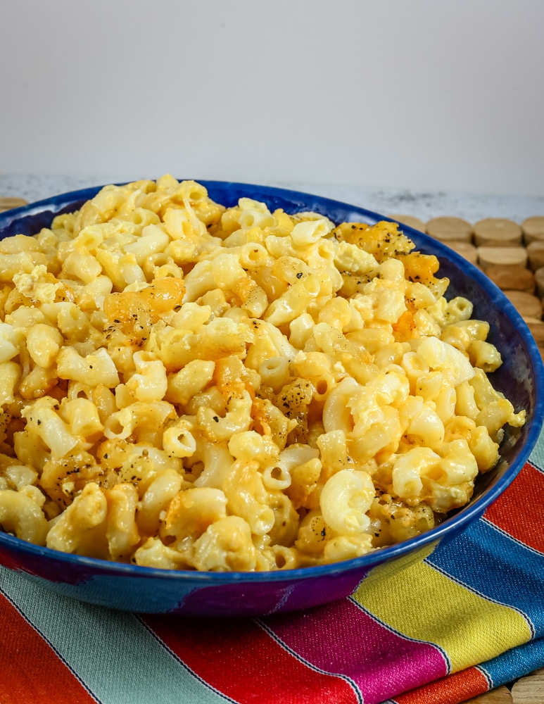 An old-fashioned baked macaroni and cheese dish .