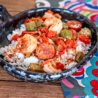 Spicy Creole style shrimp and sausage on rice.