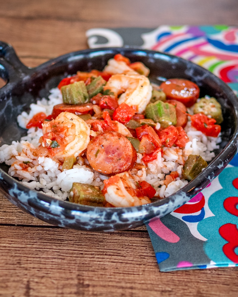 Spicy Creole style shrimp and sausage on rice.