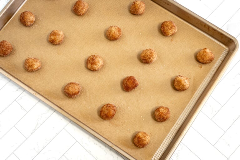 Shaped snickerdoodle cookie dough on the cookie sheet.
