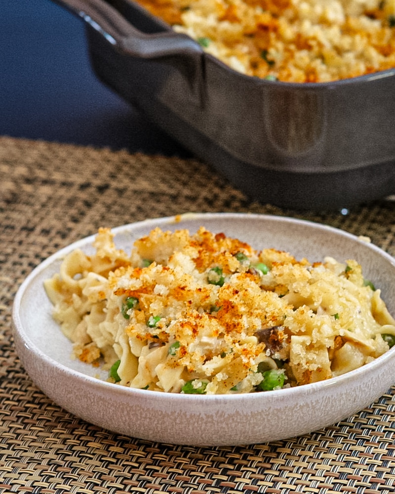 A serving of tuna noodle casserole.