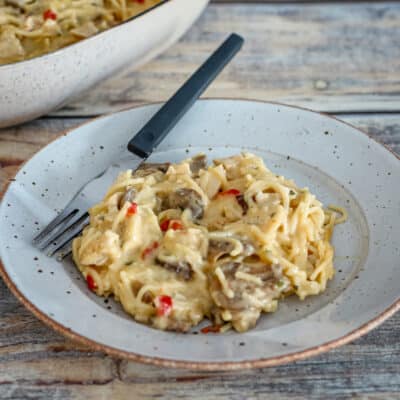 A serving of turkey tetrazzini on a plate with the serving dish behind it.
