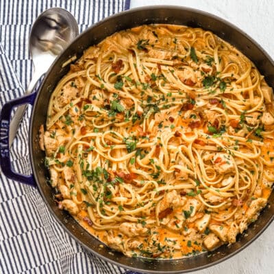 A pot of chicken and pasta with a spoon beside it.