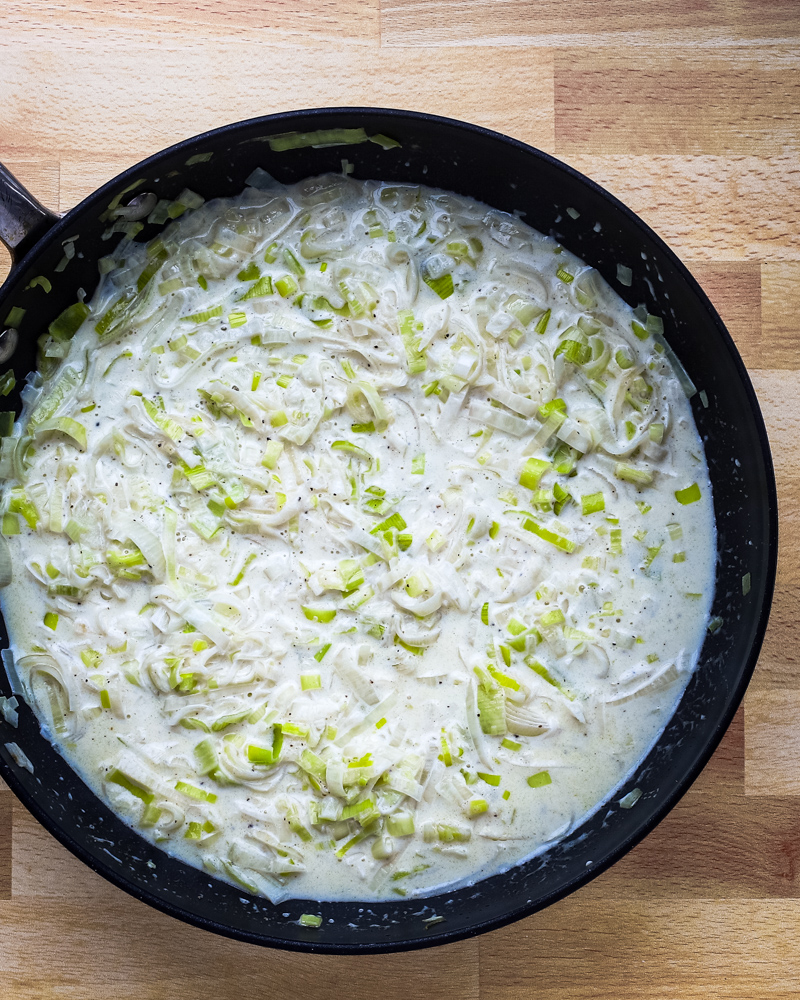 creamed leeks in a skillet.