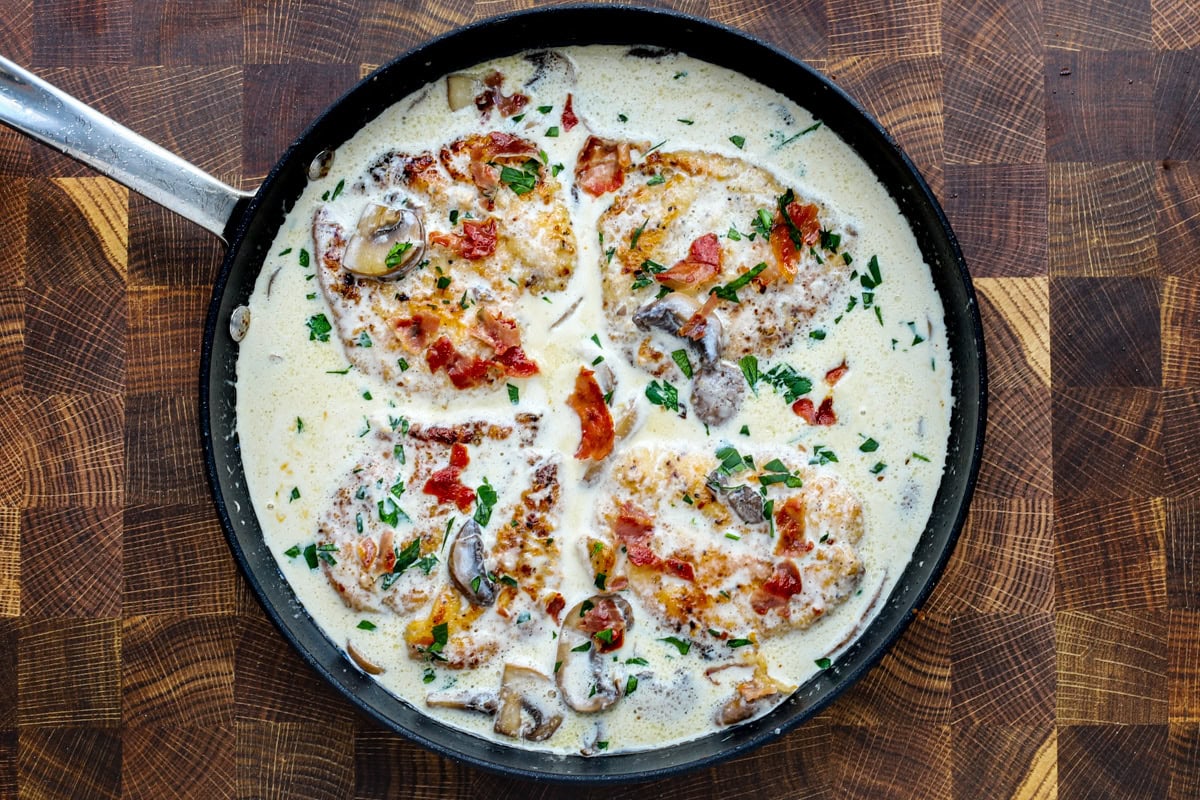 A skillet with company chicken.