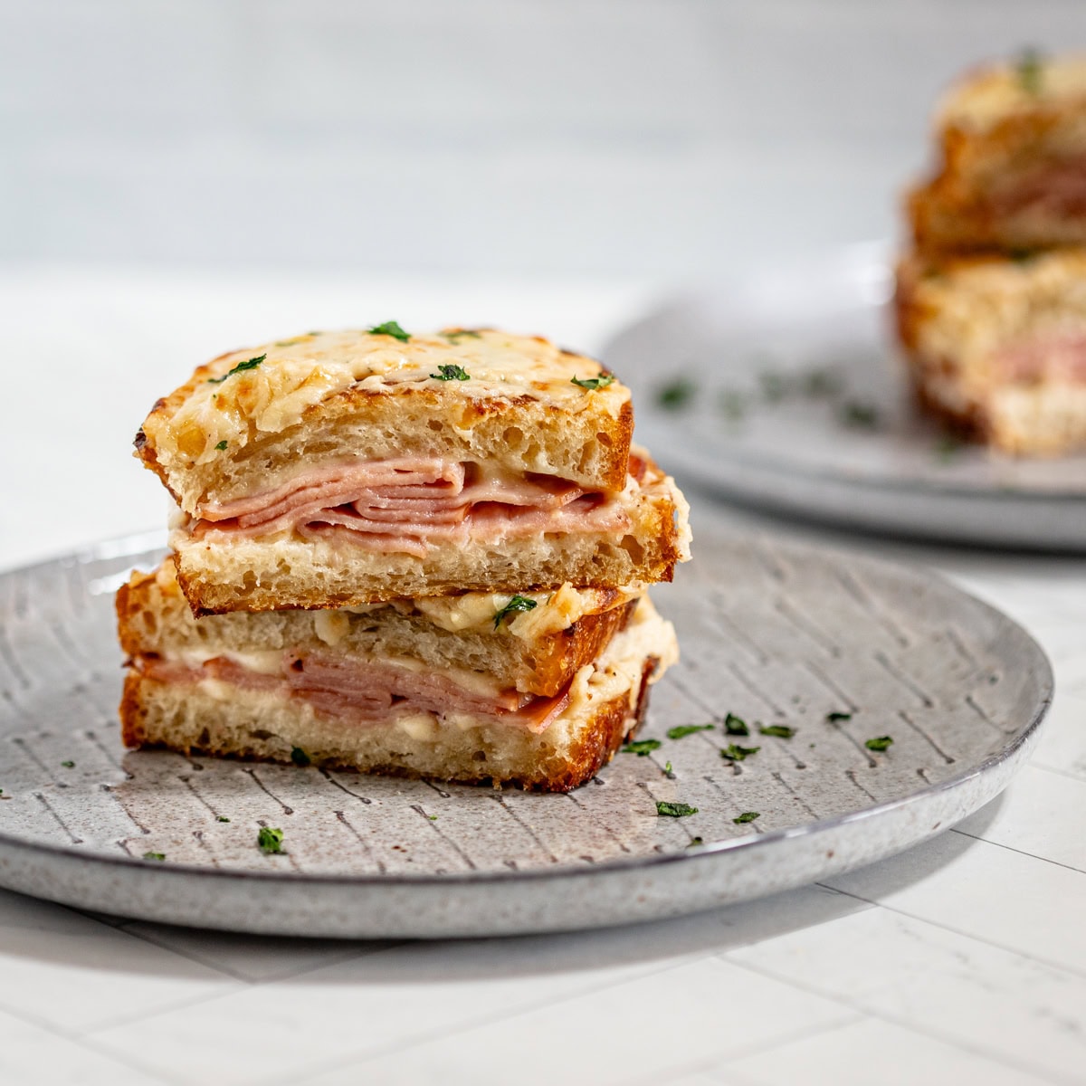 A rich and delicious croque monsieur sandwich.