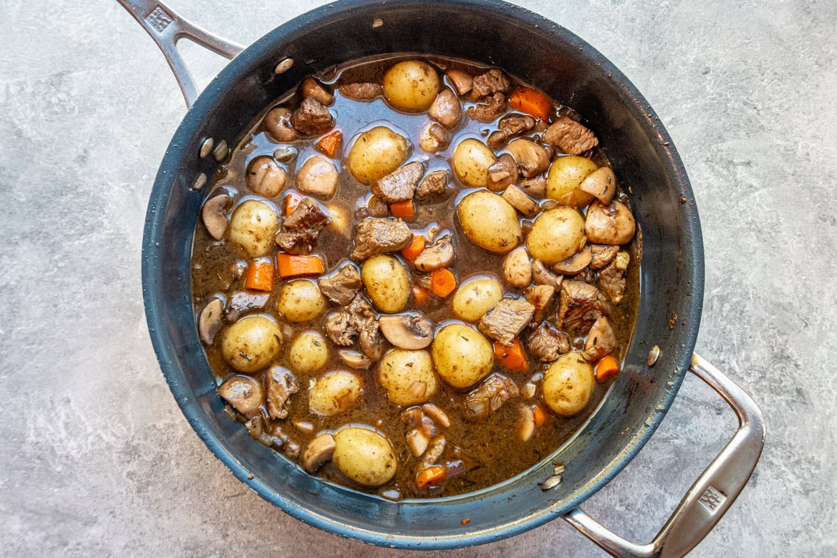 Finishing the skillet beef Burgundy stew.