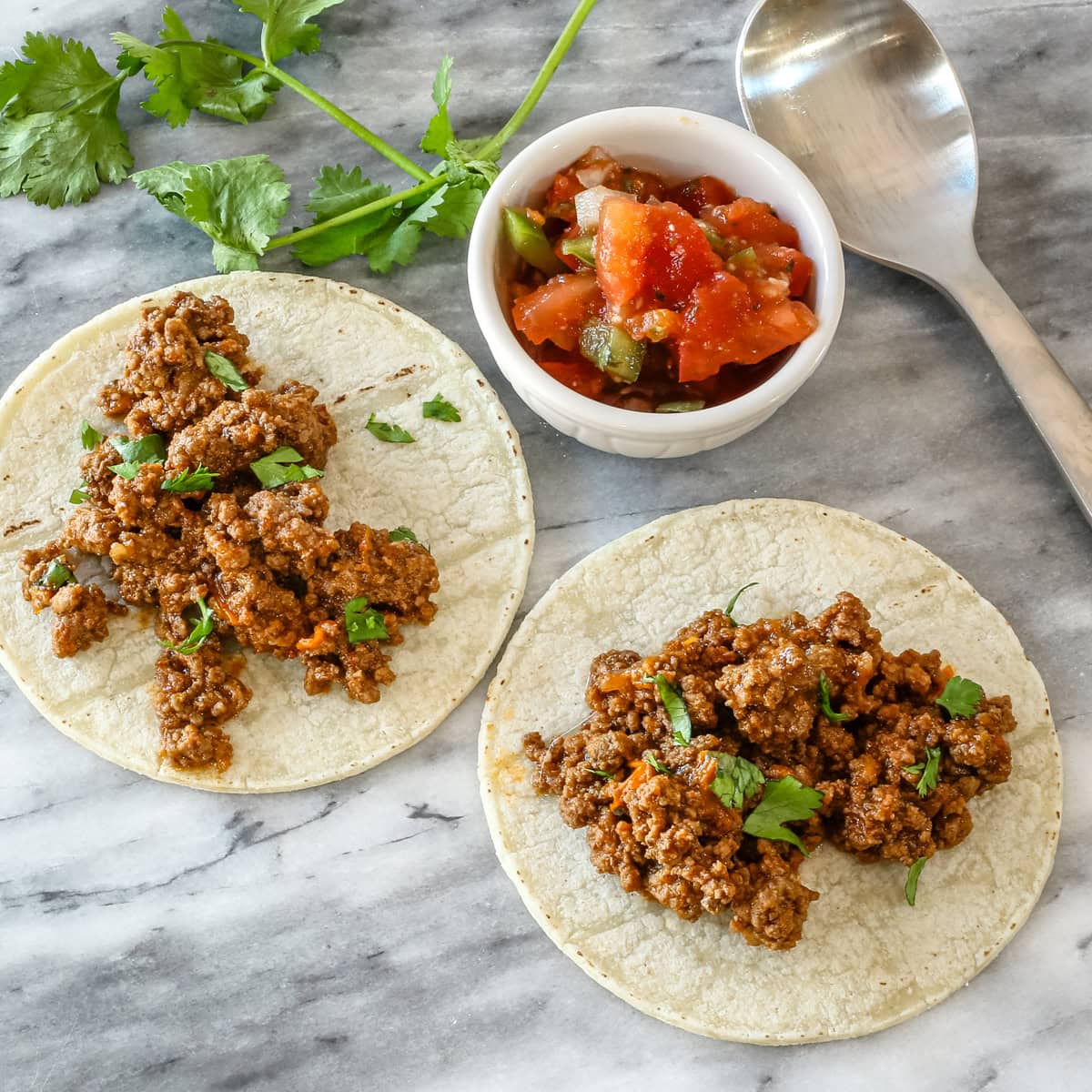 Taco assembly with ground beef , salsa, and cilantro.
