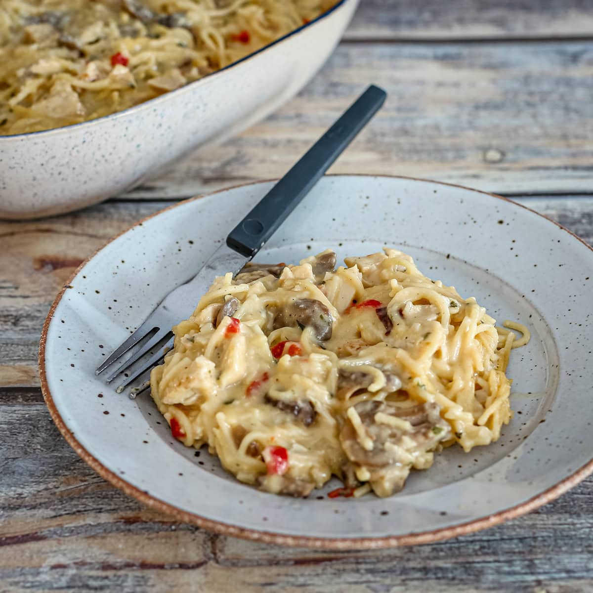 A plate of turkey tetrazzini with the serving bowl in the background.