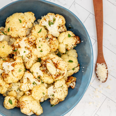 Air fryer roasted caulilflower with Parmesan cheese.